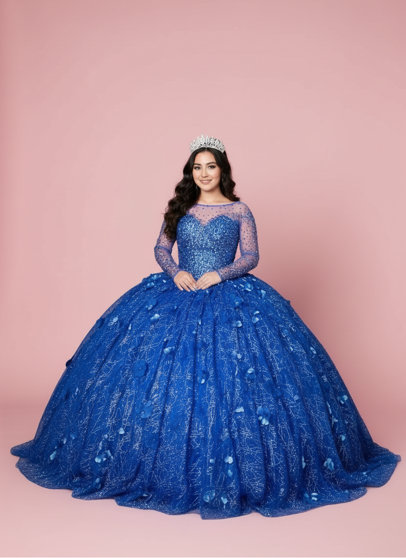 Intricate layout of metallic-threaded lace vines and clusters of multi-faceted rhinestones embellishing the bodice front of Calla Collection KY-82256