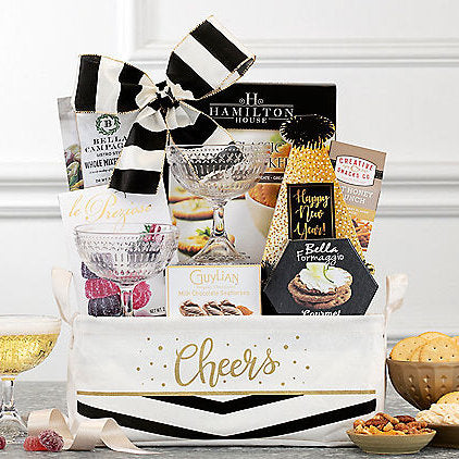 Gourmet gift basket with wine, snacks, and treats from GreatArrivals/WineCountry for New Year celebrations.