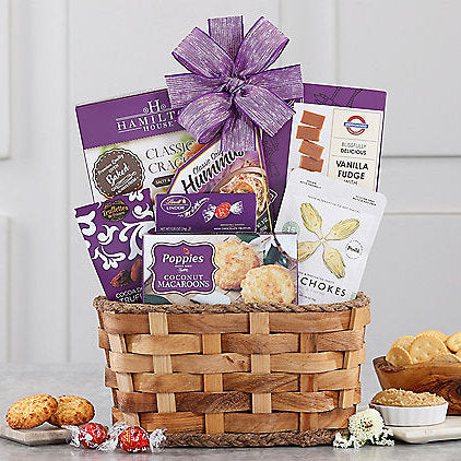 Purple Pleasures gourmet gift basket by GreatArrivals/WineCountry with assorted treats and wine accessories.