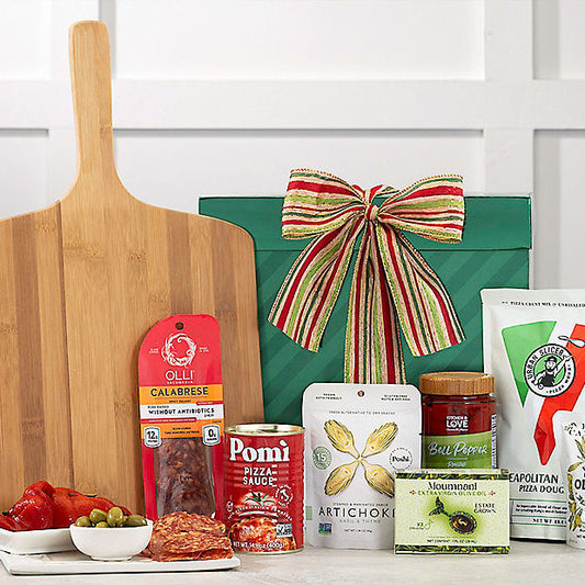 Gourmet gift basket with pizza-themed treats and snacks from GreatArrivals/WineCountry, perfect for a pizza party celebration.
