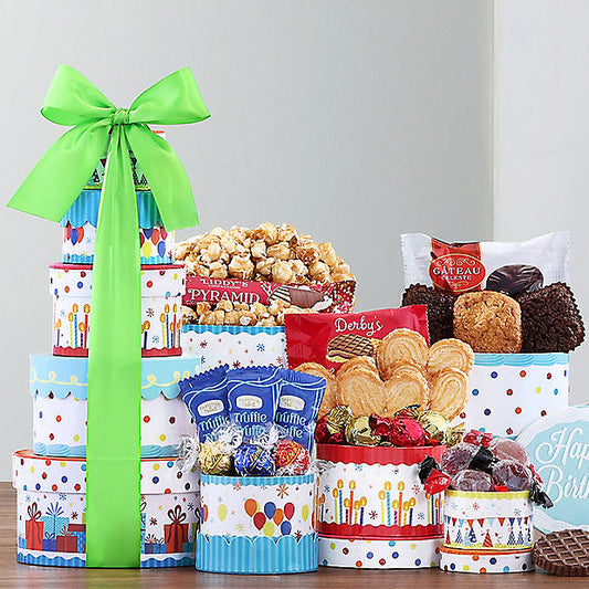 Gourmet birthday gift basket by GreatArrivals/WineCountry with assorted treats arranged in a decorative tower.