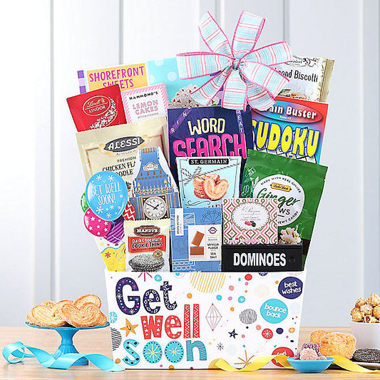 Deluxe Get Well Soon gift basket with assorted snacks, beverages, and wellness items from GreatArrivals/WineCountry.
