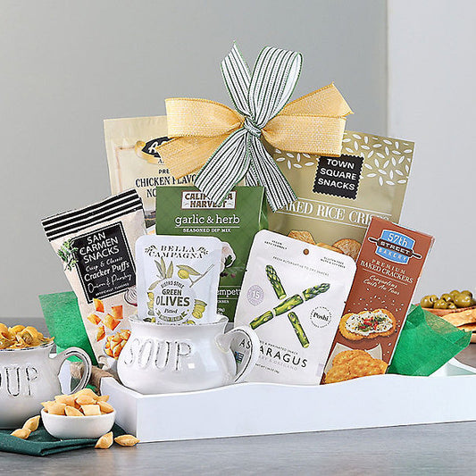 Gourmet gift basket by GreatArrivals/WineCountry featuring assorted soups and gourmet treats in a decorative basket.
