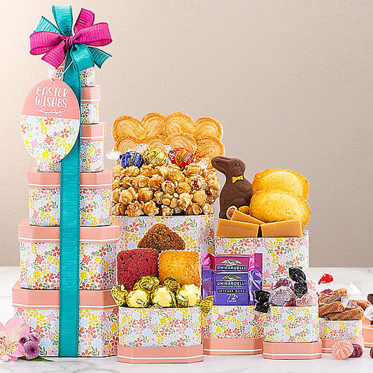 Springtime Delights gift basket from GreatArrivals/WineCountry featuring assorted seasonal treats and elegantly arranged in a gift tower.