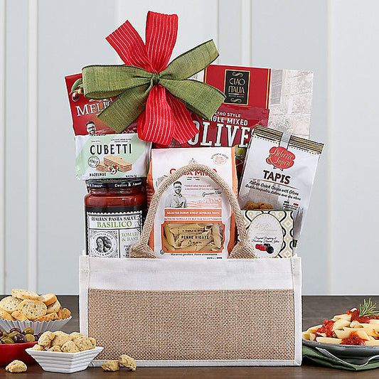 Gourmet gift basket with Italian food and wine from GreatArrivals/WineCountry, featuring cheeses, crackers, and Italian specialties.