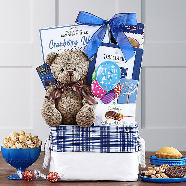 Comforting Bear Hugs get well gift basket with assorted snacks, plush bear, and wellness items from GreatArrivals/WineCountry.