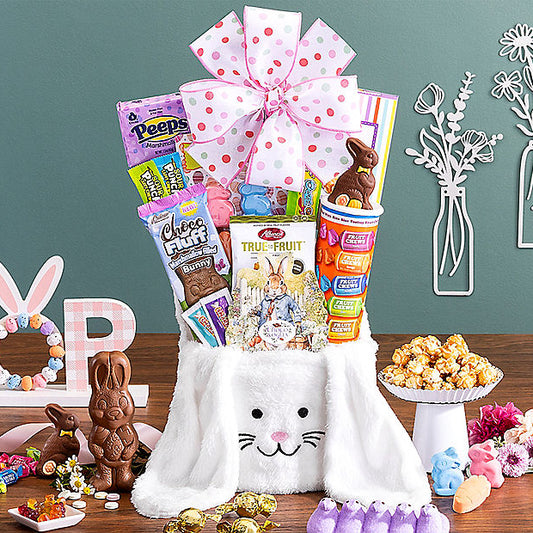 Easter gift basket from GreatArrivals/WineCountry with chocolates, candies, and festive treats in a decorative wicker basket