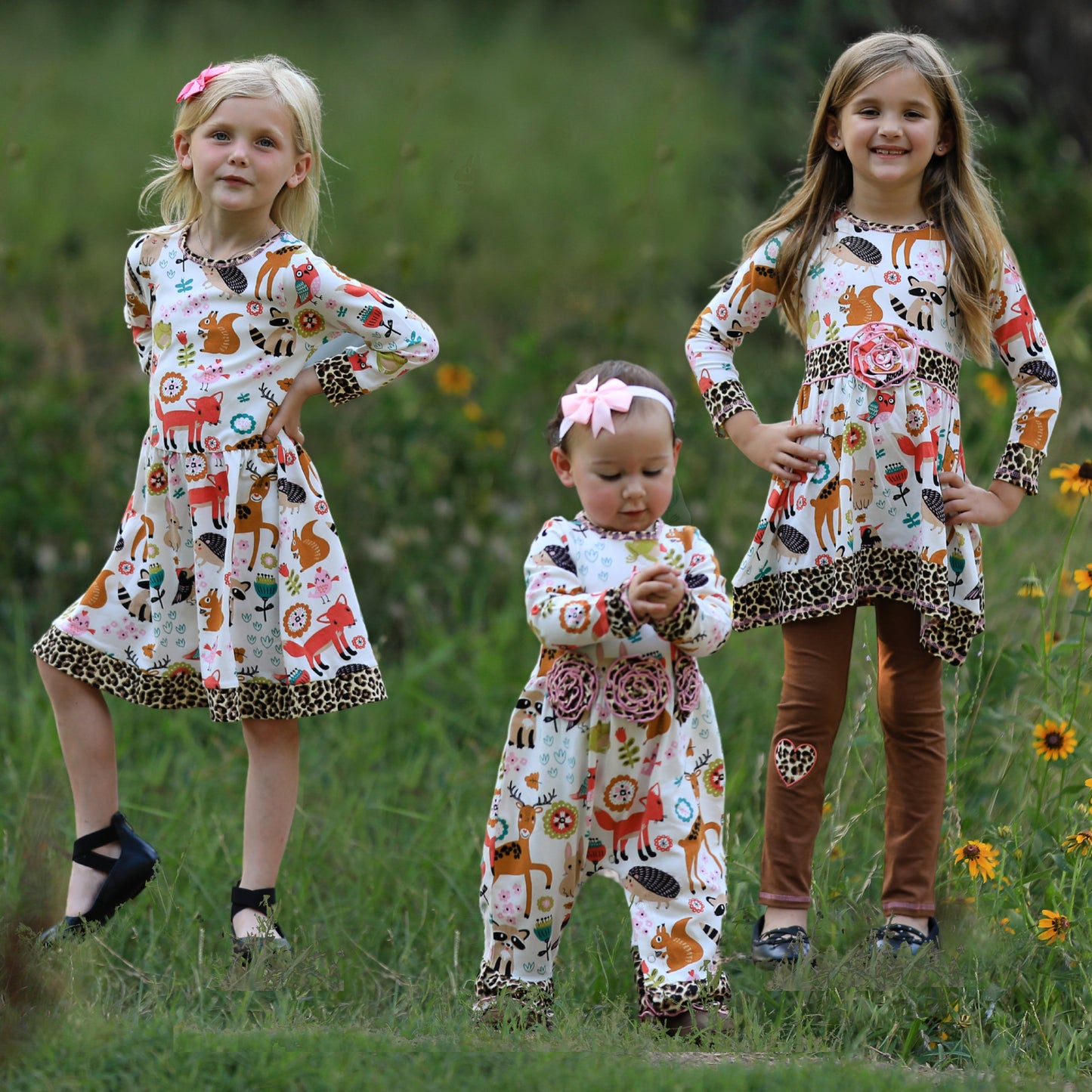 AnnLoren Girls Long Sleeve Forest Animal Friends Baby Toddler Romper