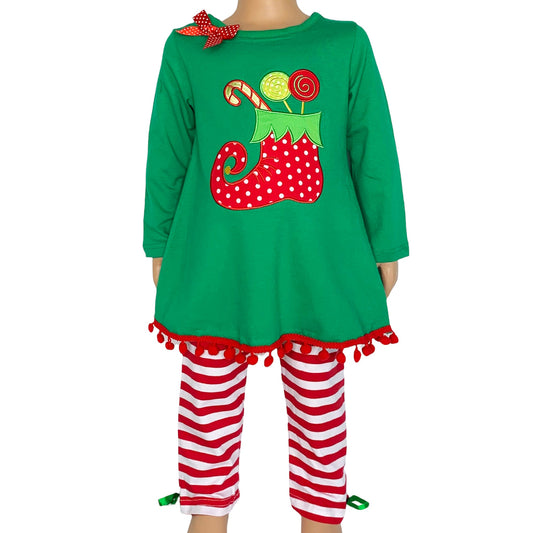 AL Limited Girls Christmas Holiday Elf Stocking Top & Stripe Pants Outfit Set