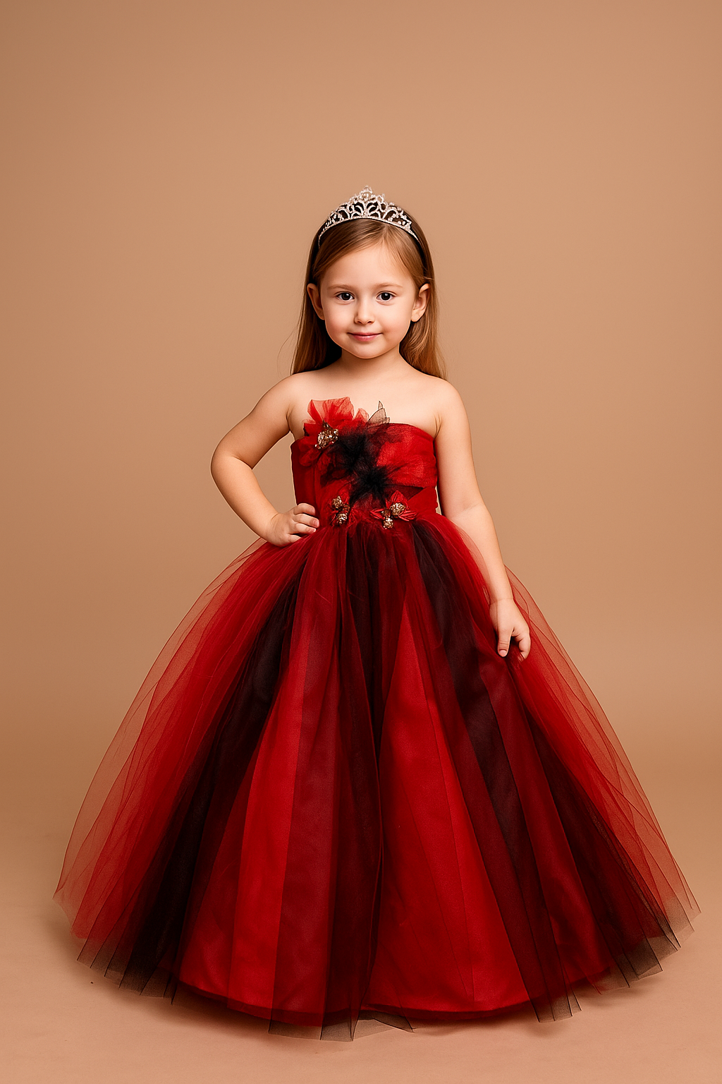 Calla Collection D-830 flower girl dress showcasing a structured sleeveless neckline and premium floral bodice layout.