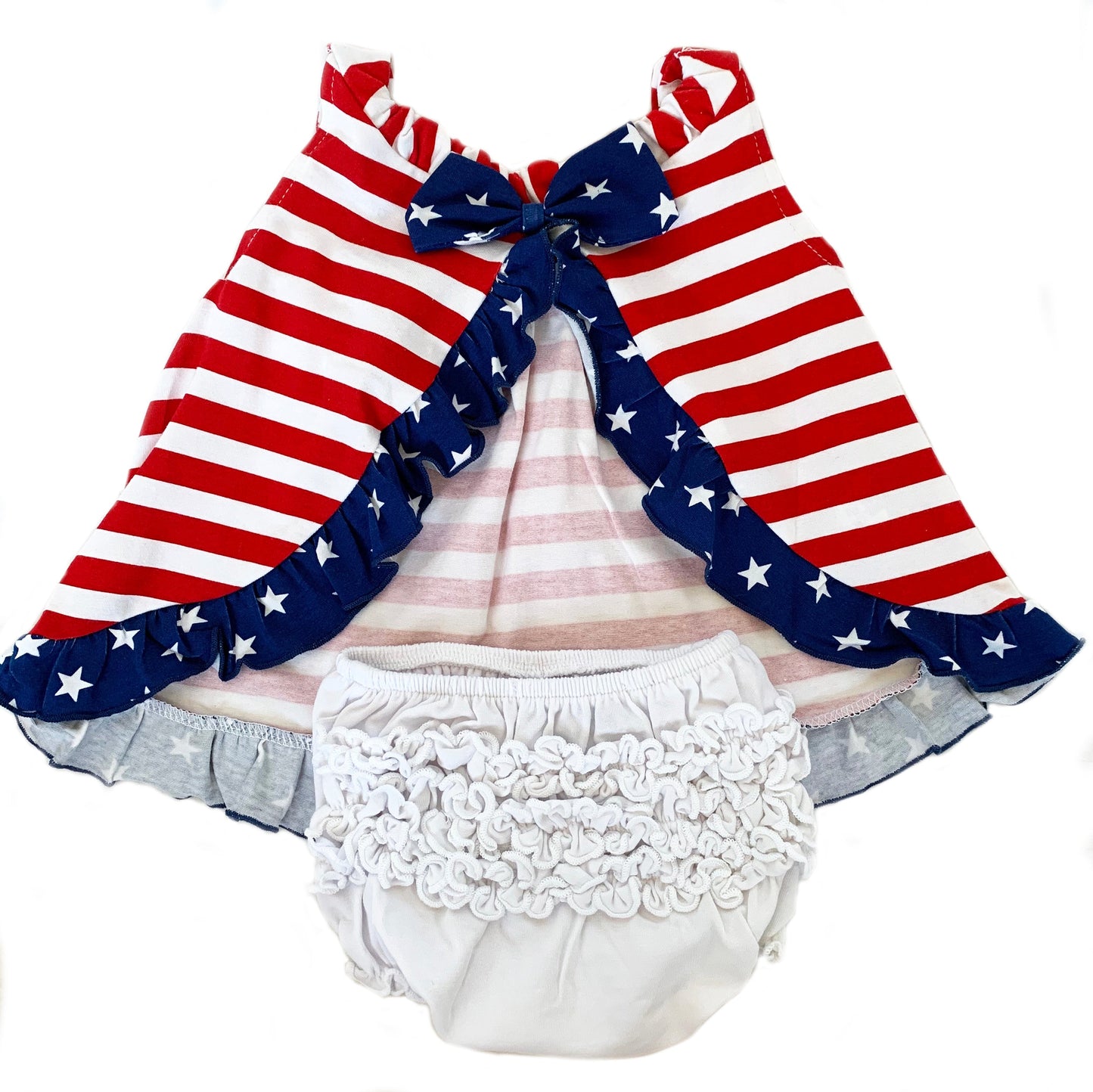 AnnLoren Baby Big Girls 4th of July Swing Stripes Stars Tank Top with Ruffle Trim and Bow