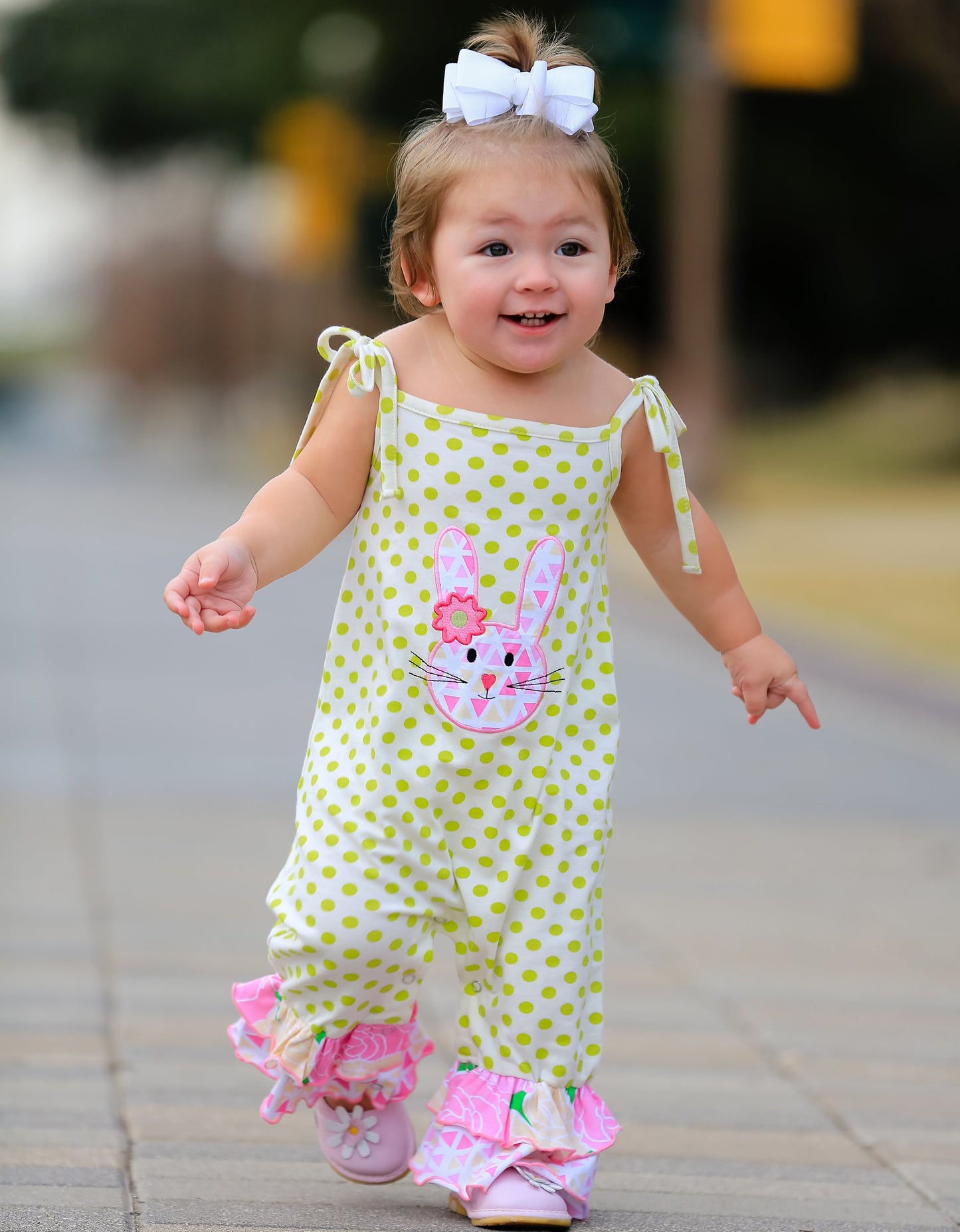 AnnLoren Easter Bunny Baby Girl's Romper Polka Dot Ruffles Holiday Outfit Jumpsuit Playsuit
