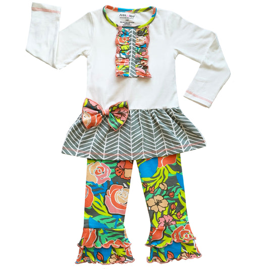 AnnLoren Girls Herringbone Floral Tuxedo Bow Tunic & Pants Clothing Outfit Set sz 2/3T-9/10