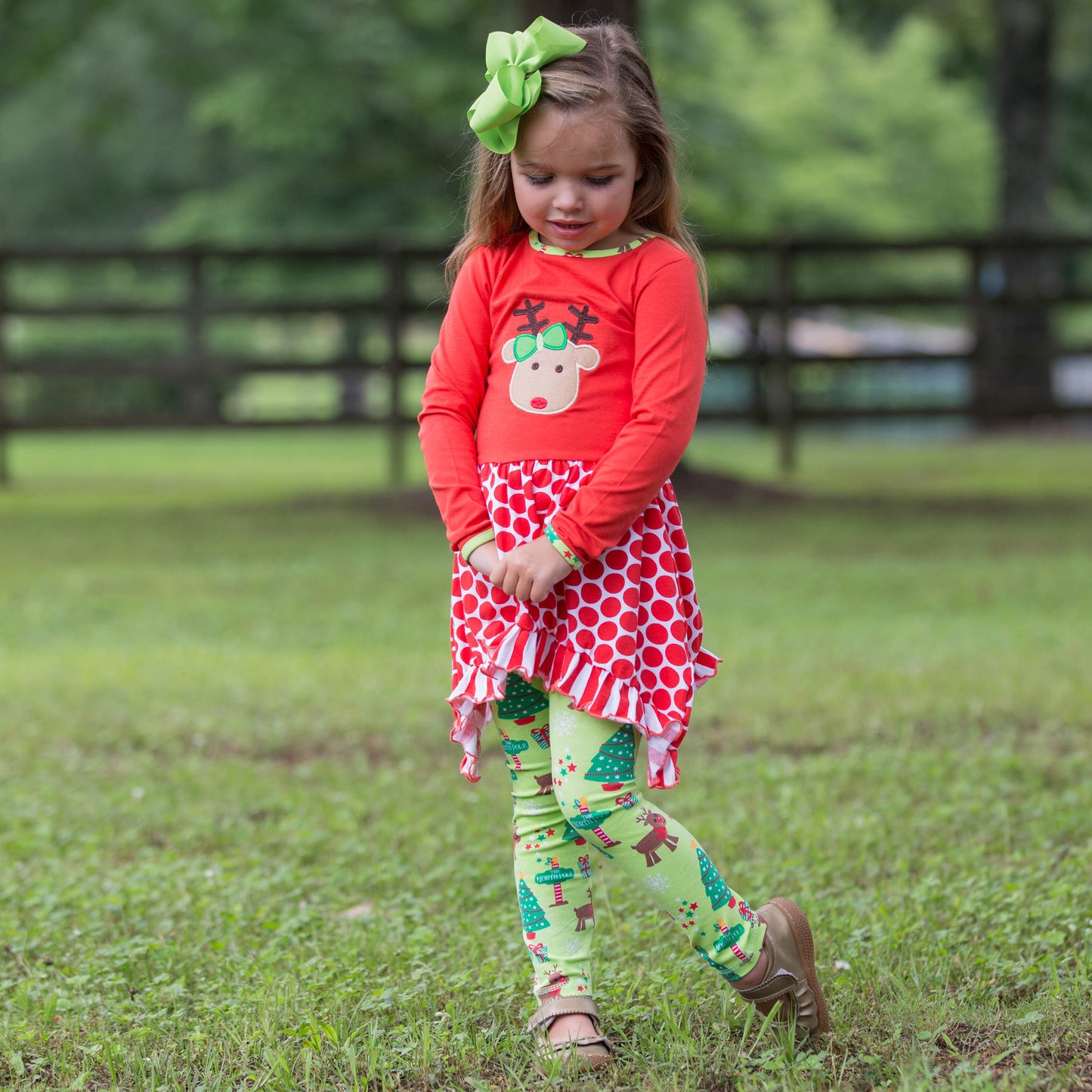 AnnLoren Girls Christmas Reindeer Tunic and Holiday Legging Set