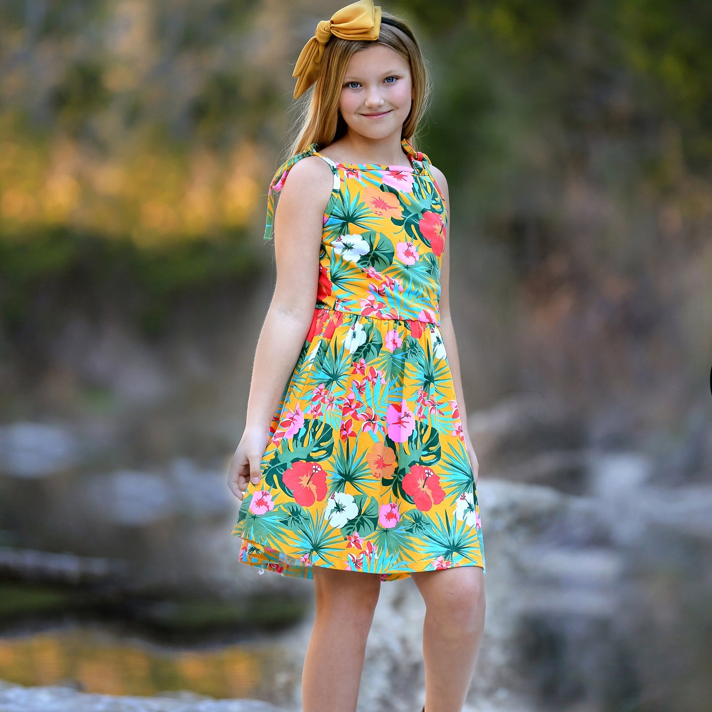 AnnLoren Big Little Girls Hawaiian Hibiscus Floral Tropical Kids Swing Dress Summer Children's Wear