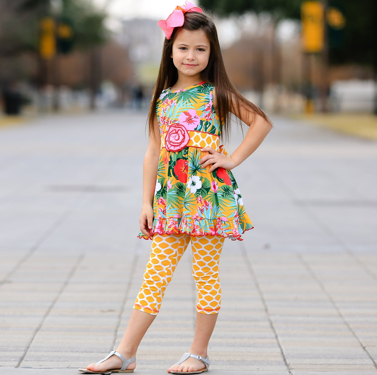 AnnLoren Big Little Girls Hawaiian Hibiscus Tropical Floral Dress & Yellow Leggings Boutique Set