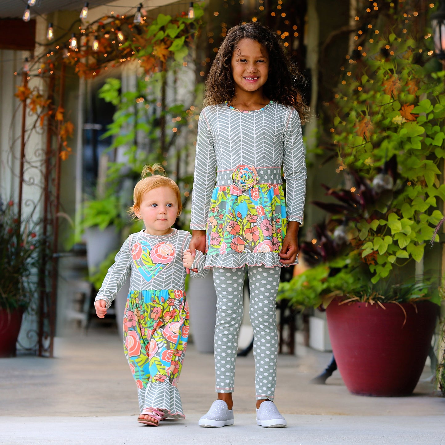 AnnLoren Girls Winter Herringbone Floral Polka Dot Dress & Legging Clothing Outfit Set sz 9/10
