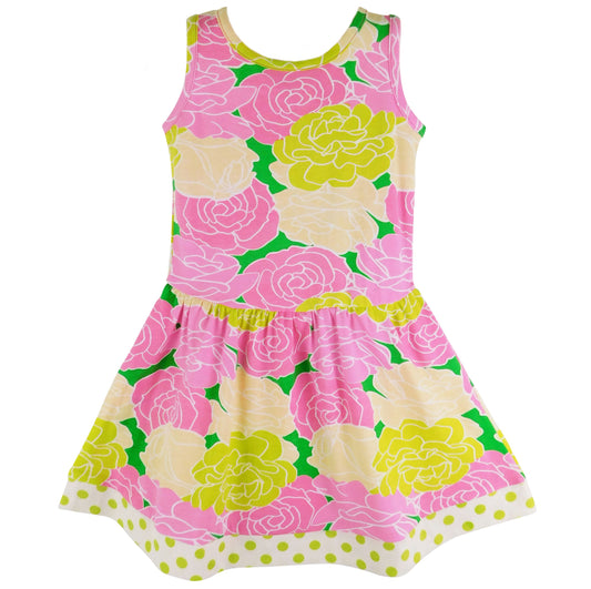 AnnLoren Spring Big Little Girls Pink Green Boutique Bouquet Floral Knit Swing Casual Dress