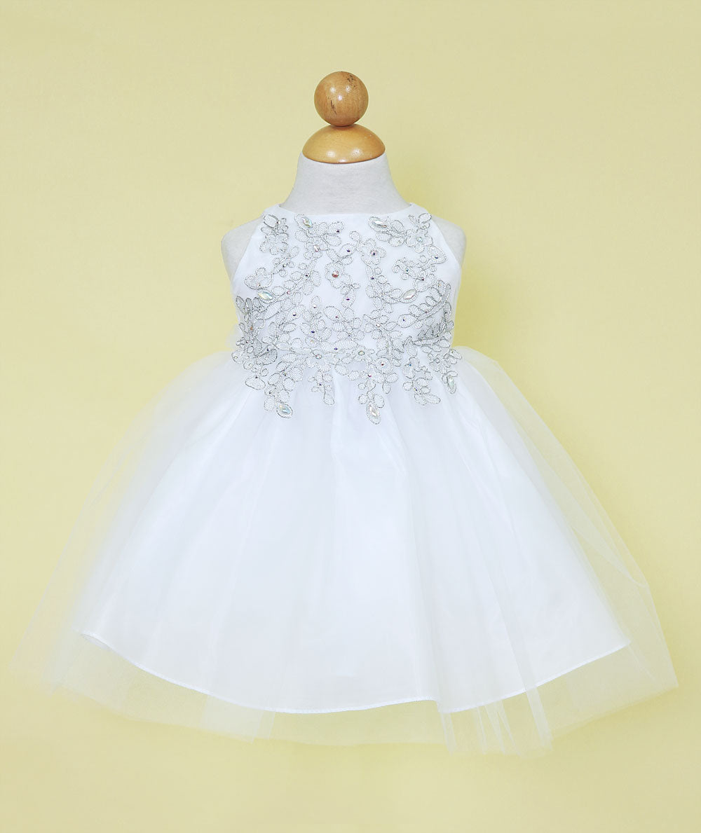 Front view of Calla Collection B-778 baby girls white dress and silver lace embroidered tulle dress.