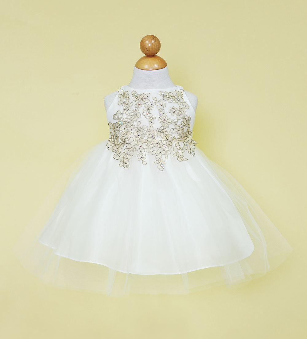 Front view of Calla Collection baby girls ivory and gold lace ceremony dress.