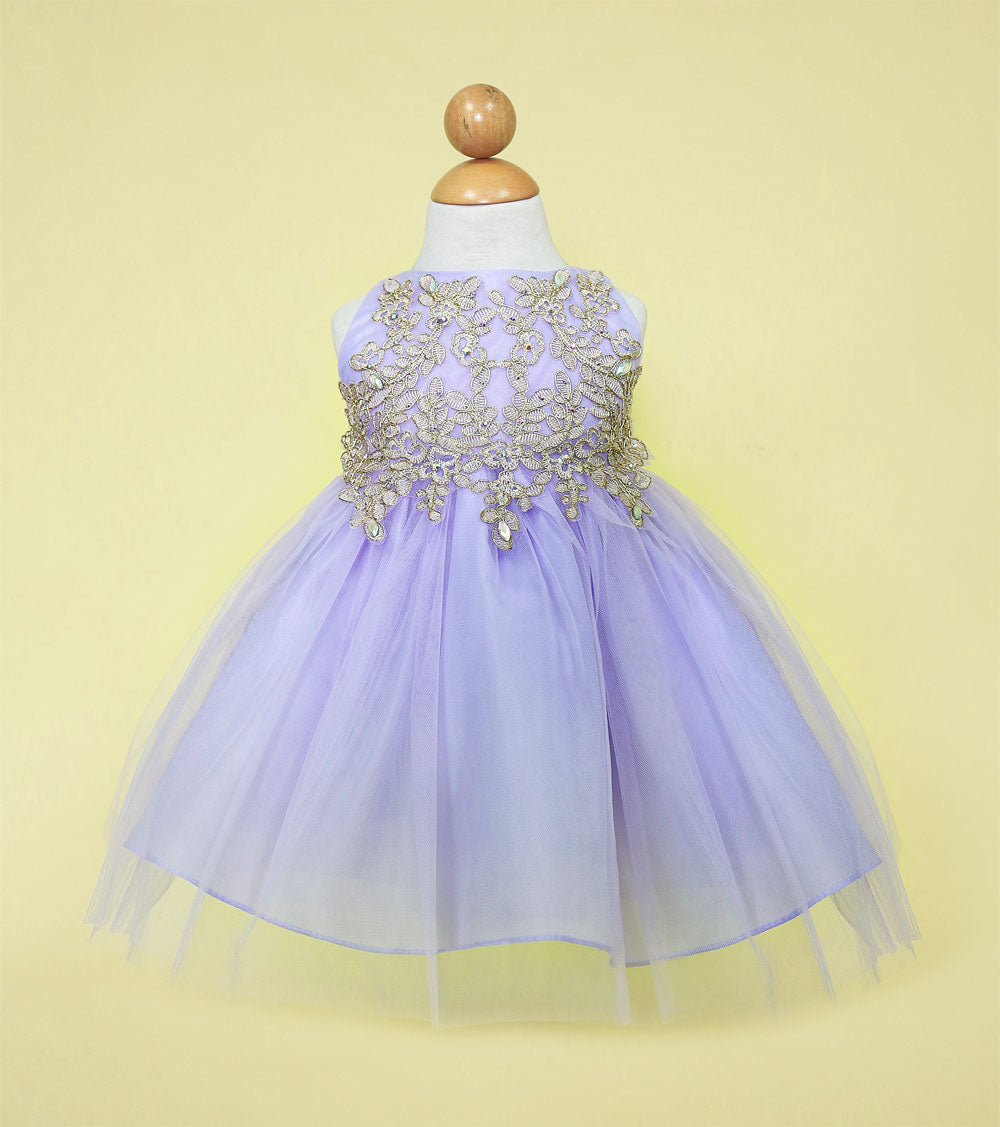 Front view of Calla Collection lilac purple and gold embroidered baby holiday dress.