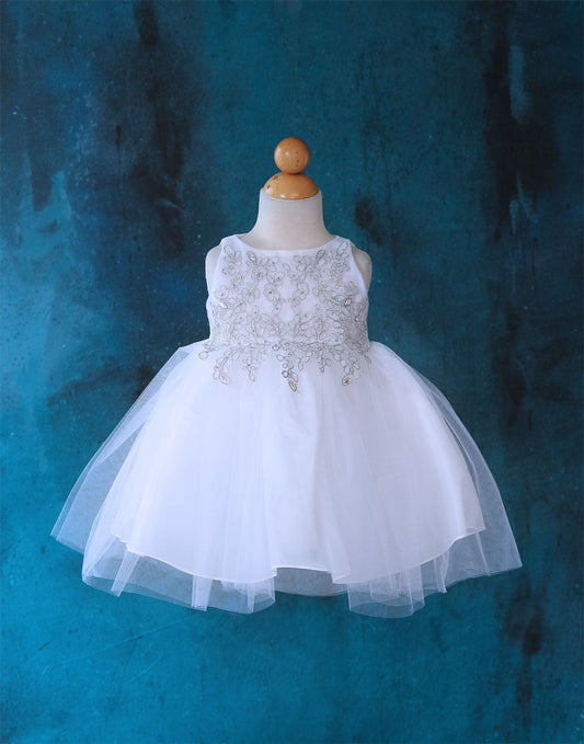 Front view of infant white and silver tulle flower girl dress with embroidered bodice.