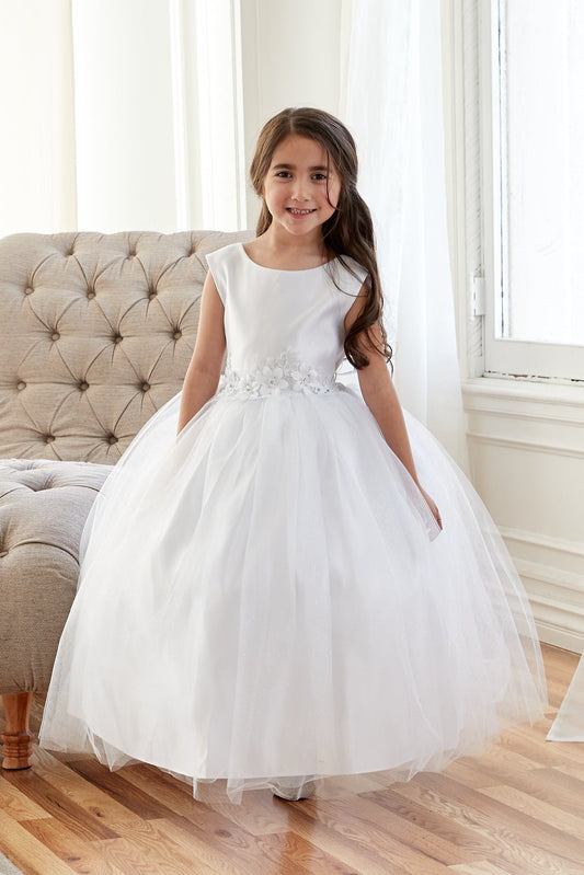 Sleeveless white tulle flower girl dress by Calla Collection with embellished rhinestone waist.