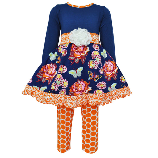 AnnLoren Girls Boutique Blue Butterfly Floral Dress Orange Polka Dot Legging Set sz 2/3T-9/10
