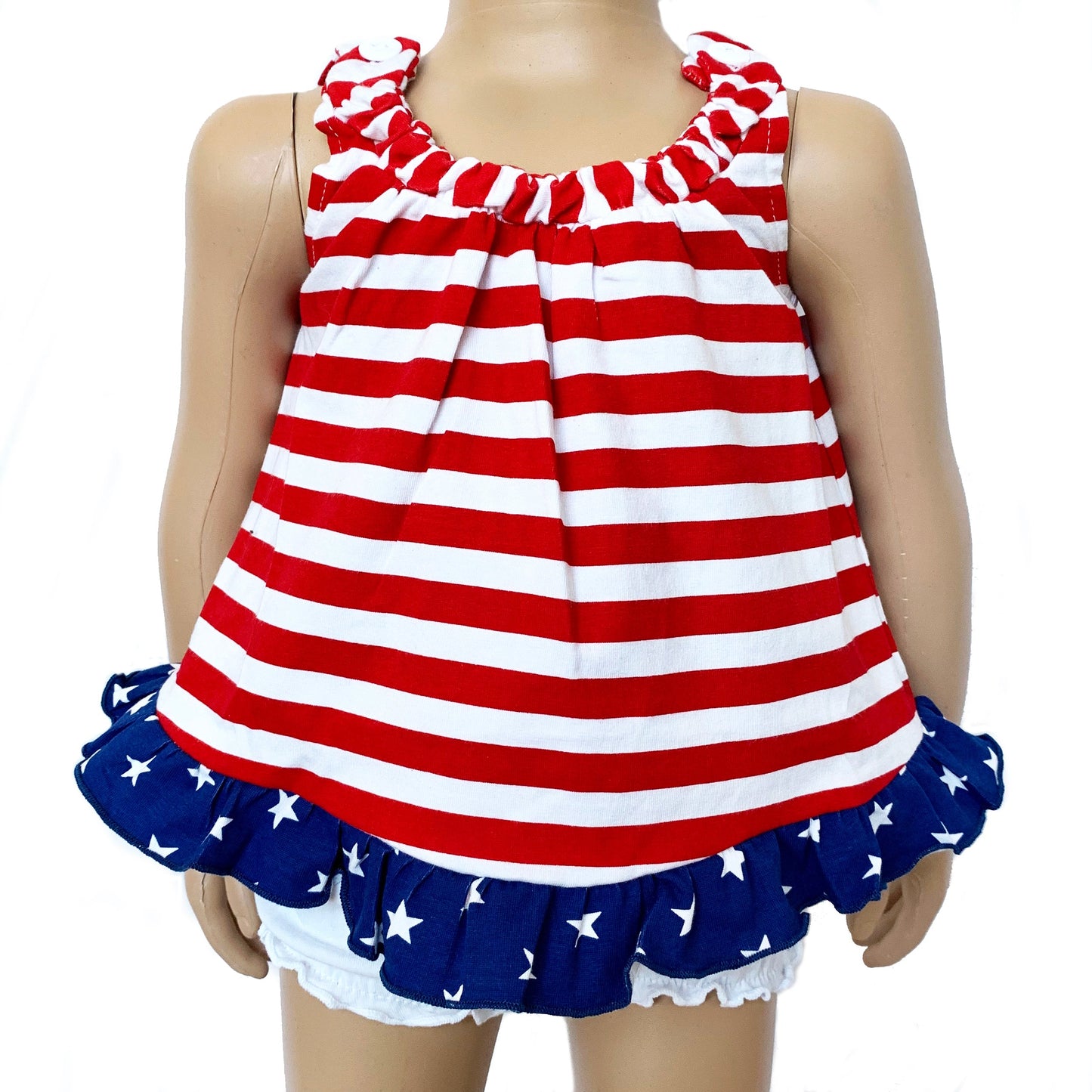 AnnLoren Baby Big Girls 4th of July Swing Stripes Stars Tank Top with Ruffle Trim and Bow