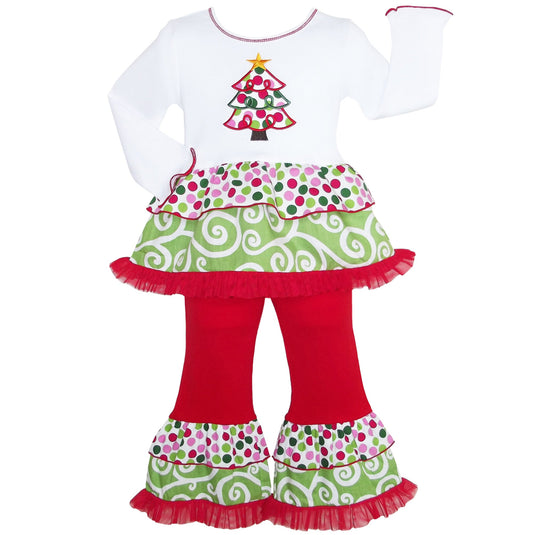 AnnLoren Girls Boutique Polka Dot & Swirl Christmas Tree Clothing Set