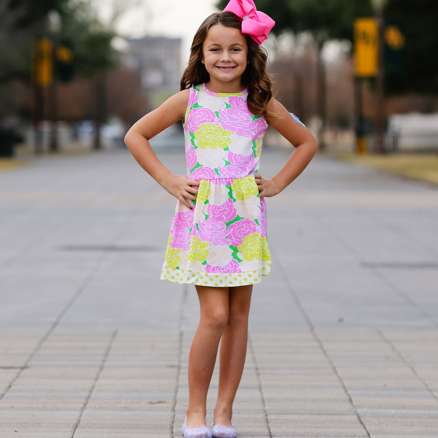 AnnLoren Spring Big Little Girls Pink Green Boutique Bouquet Floral Knit Swing Casual Dress