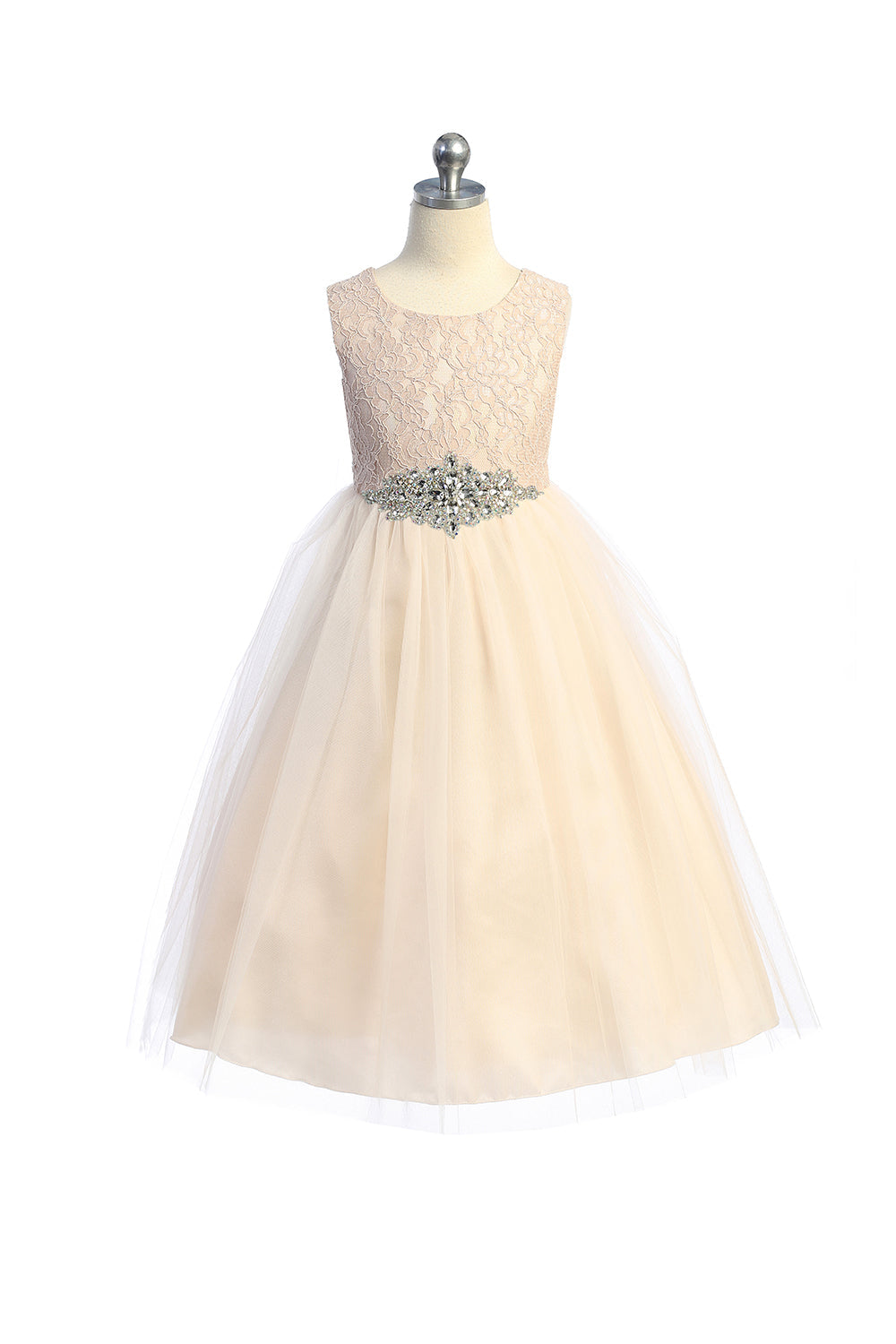 Dress - Long Lace Illusion Dress W/ Diamond Shape Rhinestone Trim