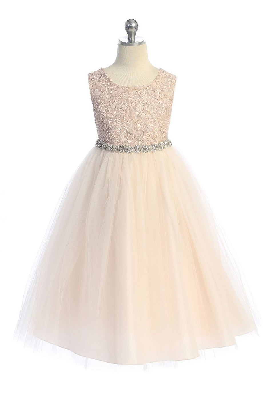 Dress - Long Lace Illusion Dress W/ Rhinestone Trim