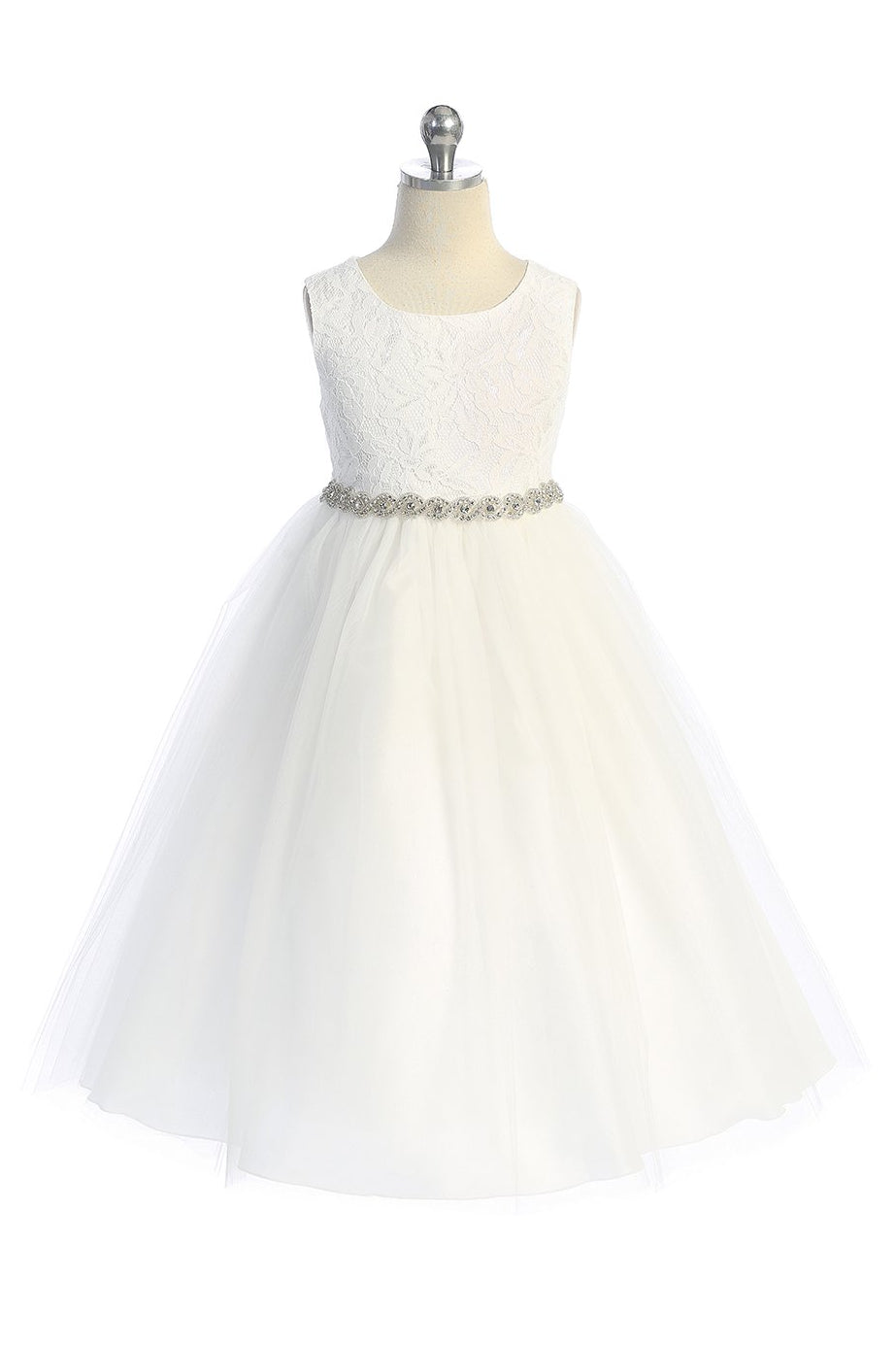 Dress - Long Lace Illusion Dress W/ Rhinestone Trim