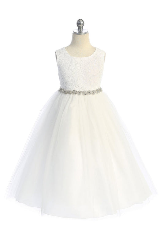 Dress - Long Lace Illusion Dress W/ Rhinestone Trim