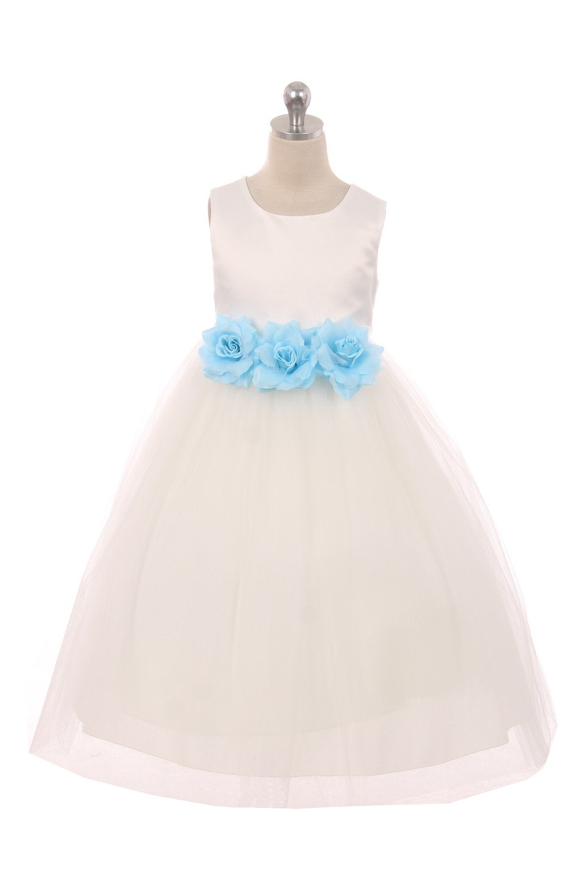 White satin and tulle flower girl dress by Kid's Dream featuring three floral embellishments and a delicate, elegant design.