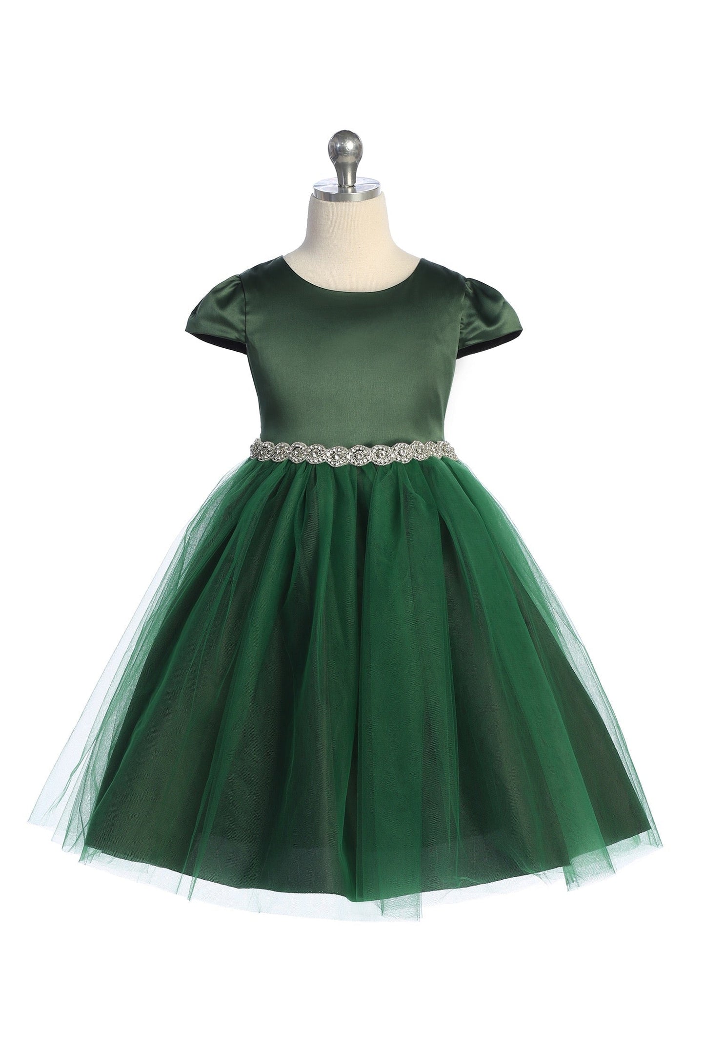 Dress - Capped Sleeve Satin & Tulle Plus Size Dress With Diamond Shaped Rhinestone Trim