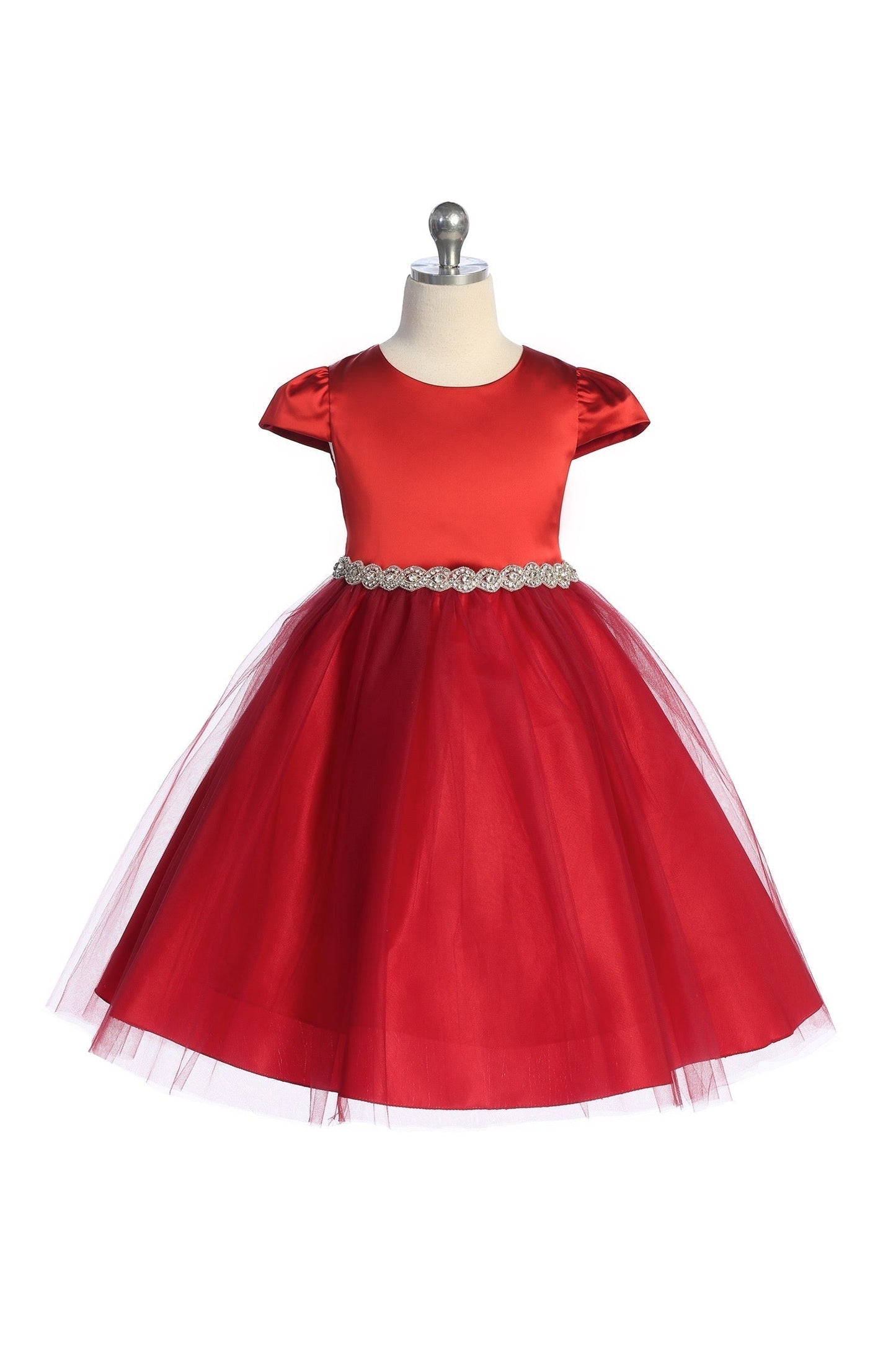 Dress - Capped Sleeve Satin & Tulle Plus Size Dress With Diamond Shaped Rhinestone Trim