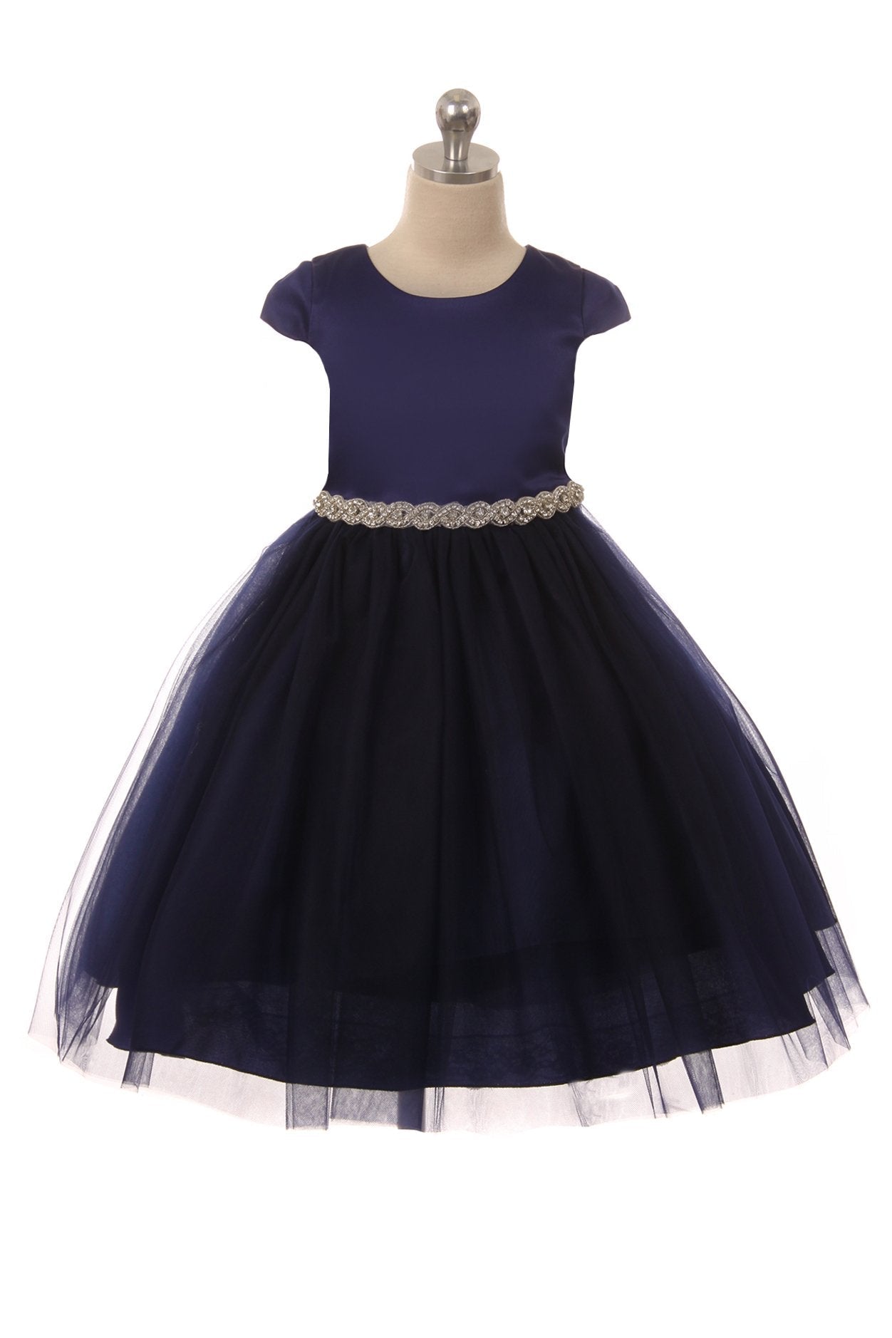 Dress - Capped Sleeve Satin & Tulle Plus Size Dress With Diamond Shaped Rhinestone Trim