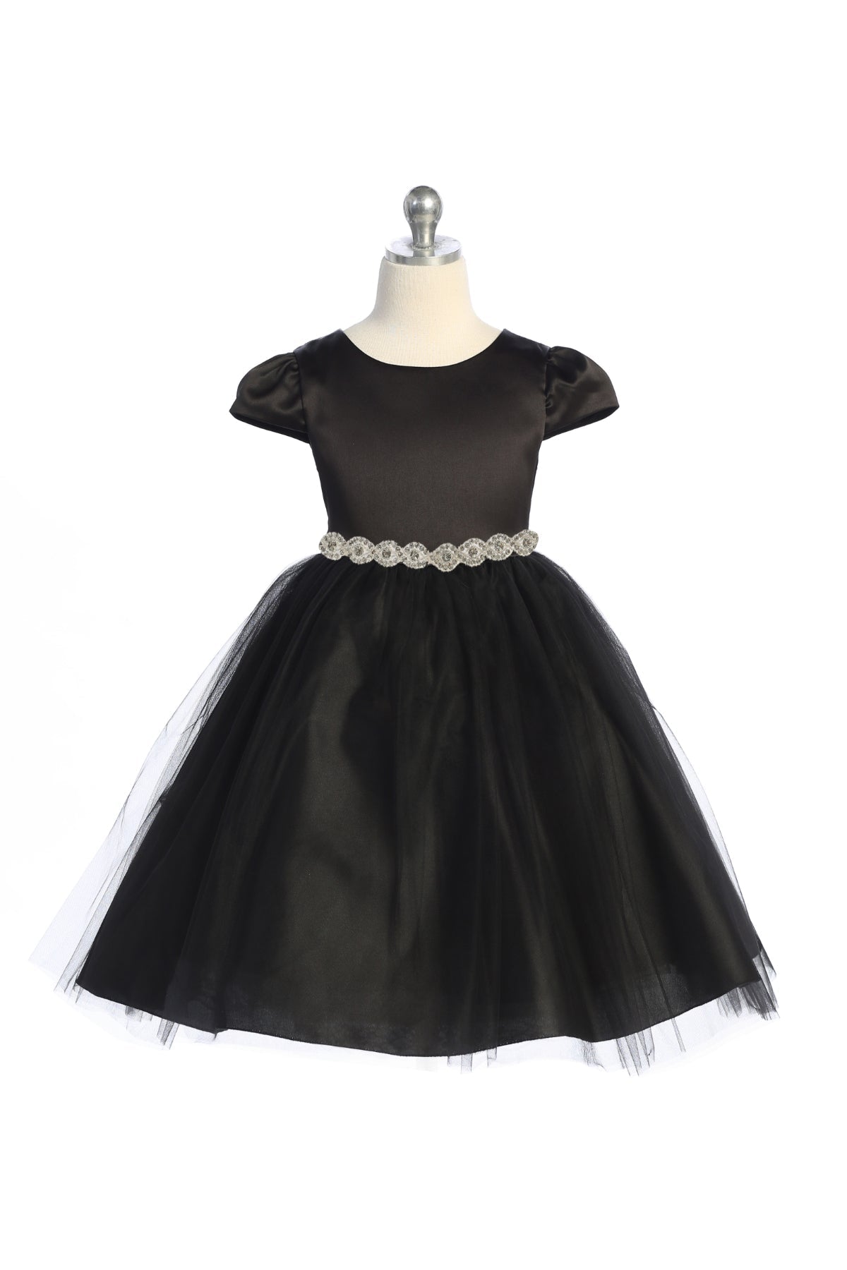 Dress - Capped Sleeve Satin & Tulle Plus Size Dress With Diamond Shaped Rhinestone Trim