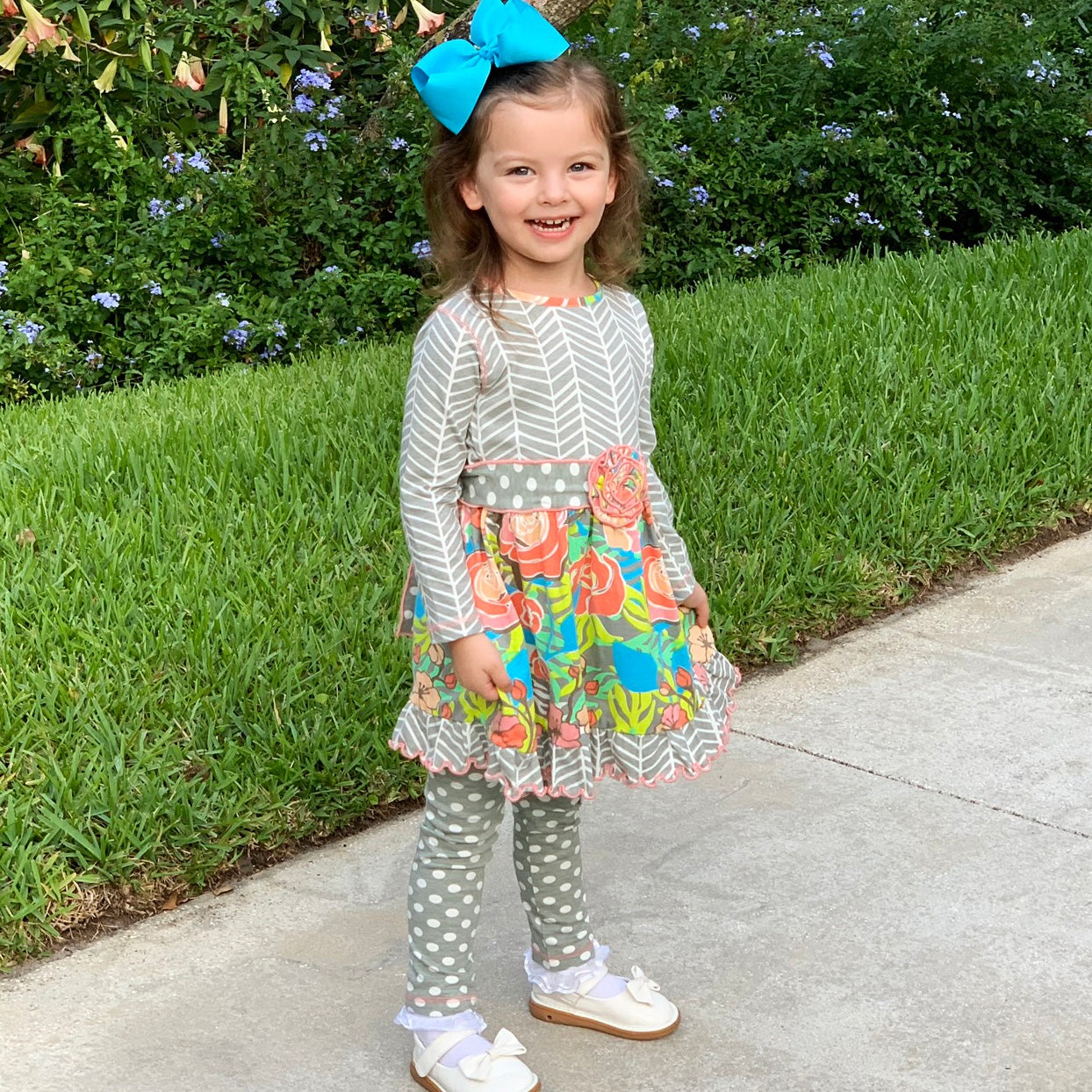 AnnLoren Girls Winter Herringbone Floral Polka Dot Dress & Legging Clothing Outfit Set sz 9/10