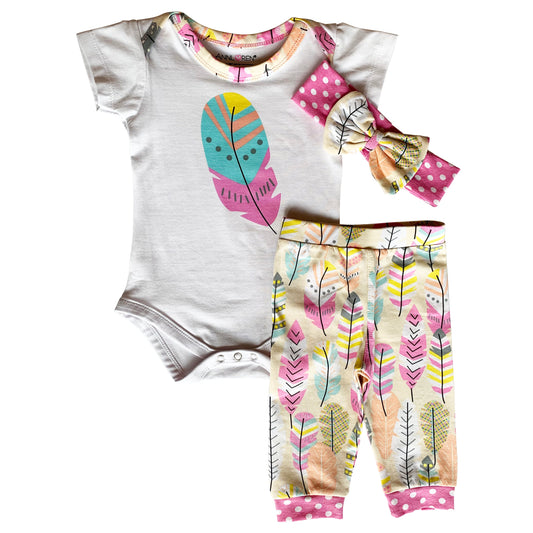 AnnLoren Baby Girls Layette Feather Onesie Pants Headband 3pc Gift Set Clothing 18-24M