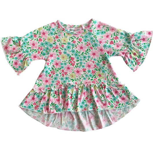 AnnLoren Little & Big Girls 3/4 Angel Sleeve Pink Green Floral Cotton Knit Ruffle Shirt