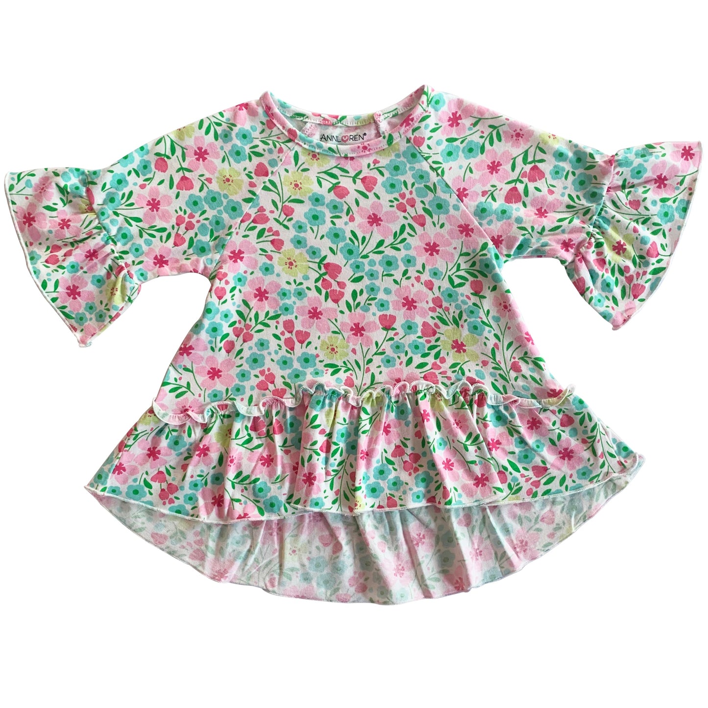 AnnLoren Little & Big Girls 3/4 Angel Sleeve Pink Green Floral Cotton Knit Ruffle Shirt