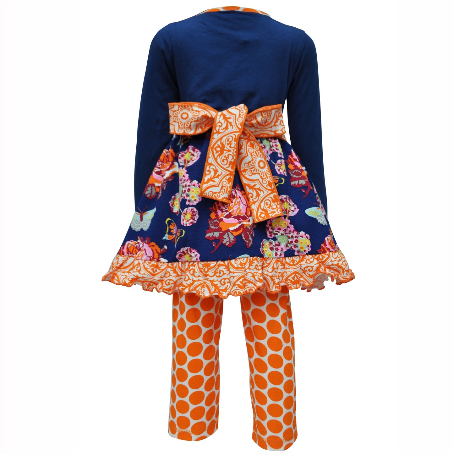 AnnLoren Girls Boutique Blue Butterfly Floral Dress Orange Polka Dot Legging Set sz 2/3T-9/10