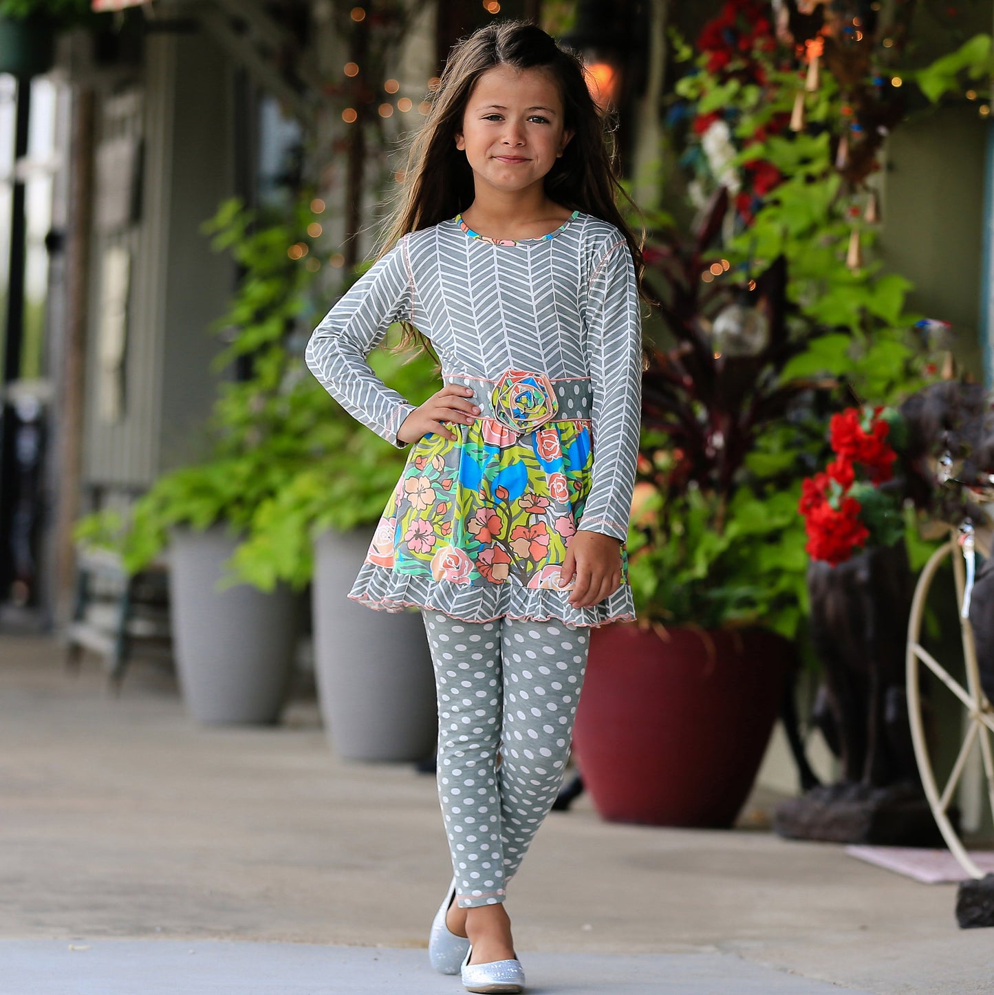 AnnLoren Girls Winter Herringbone Floral Polka Dot Dress & Legging Clothing Outfit Set sz 9/10