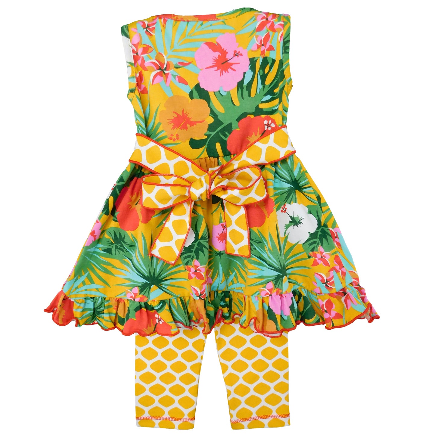 AnnLoren Big Little Girls Hawaiian Hibiscus Tropical Floral Dress & Yellow Leggings Boutique Set