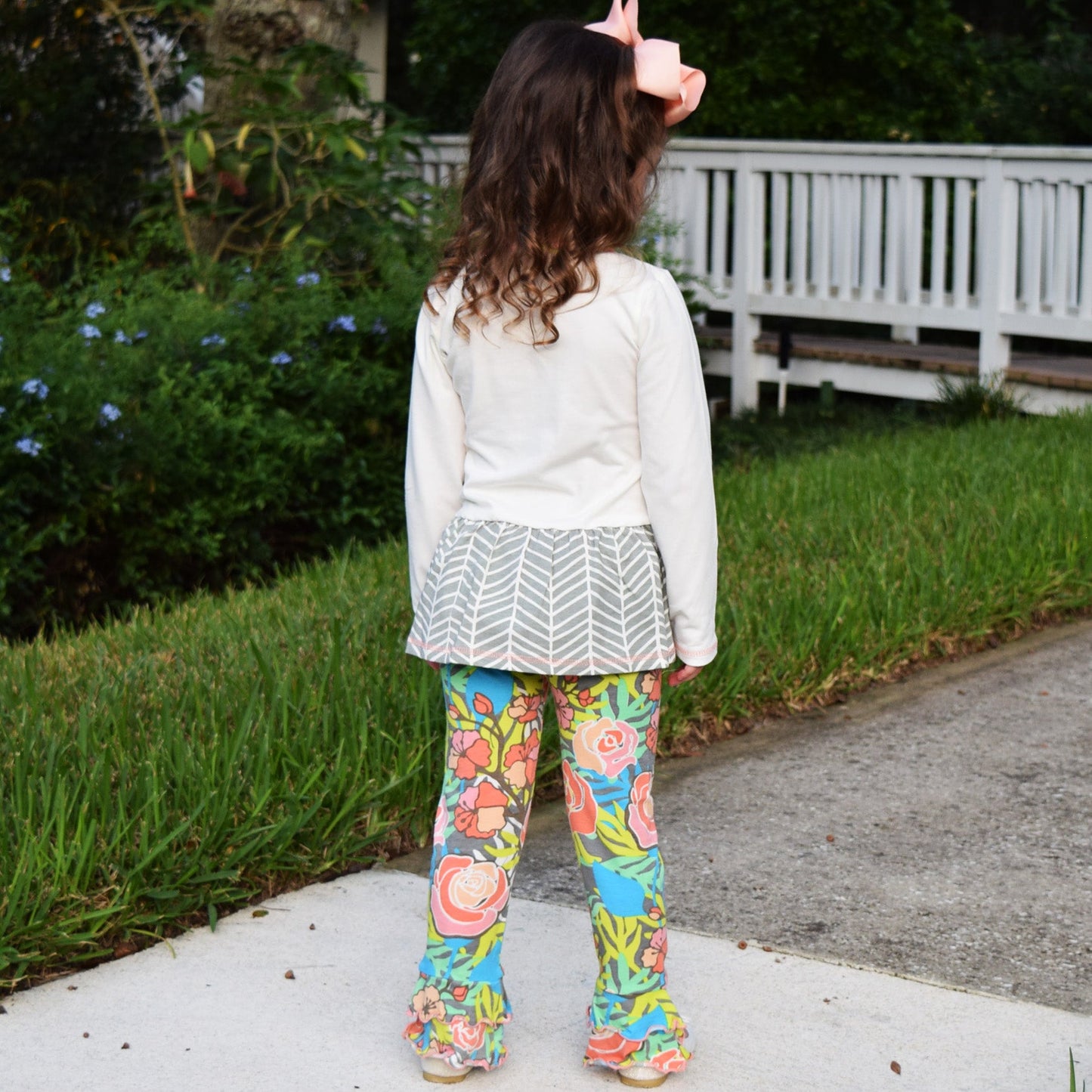 AnnLoren Girls Herringbone Floral Tuxedo Bow Tunic & Pants Clothing Outfit Set sz 2/3T-9/10