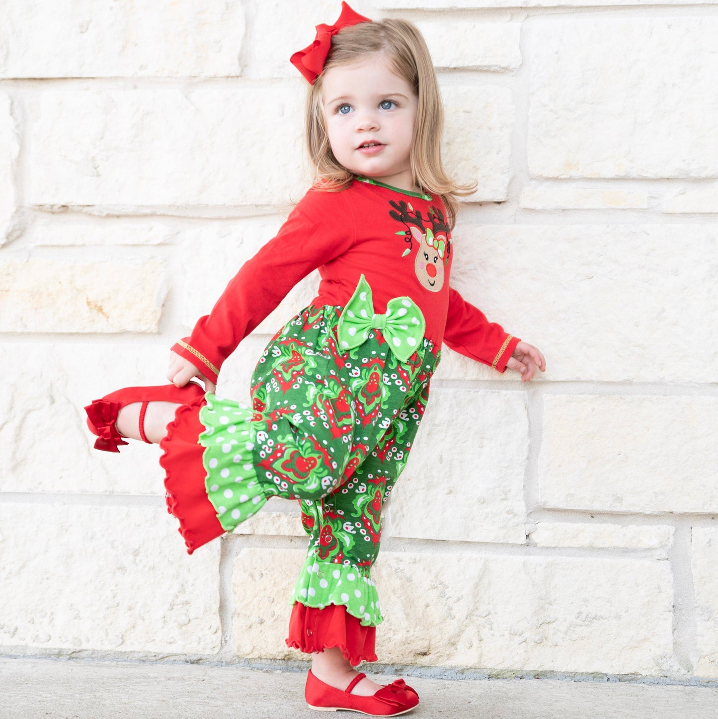 AnnLoren Baby Girls Boutique Red Green Damask Christmas Tree Rudolph Reindeer Romper