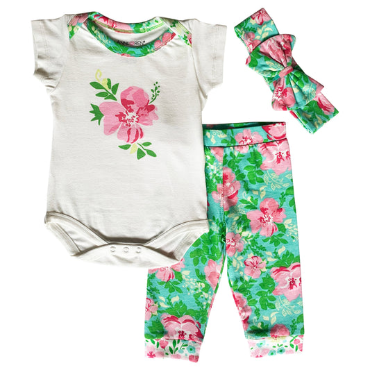 AnnLoren Baby Girls Layette Floral Onesie Pants Headband 3pc Gift Set Clothing